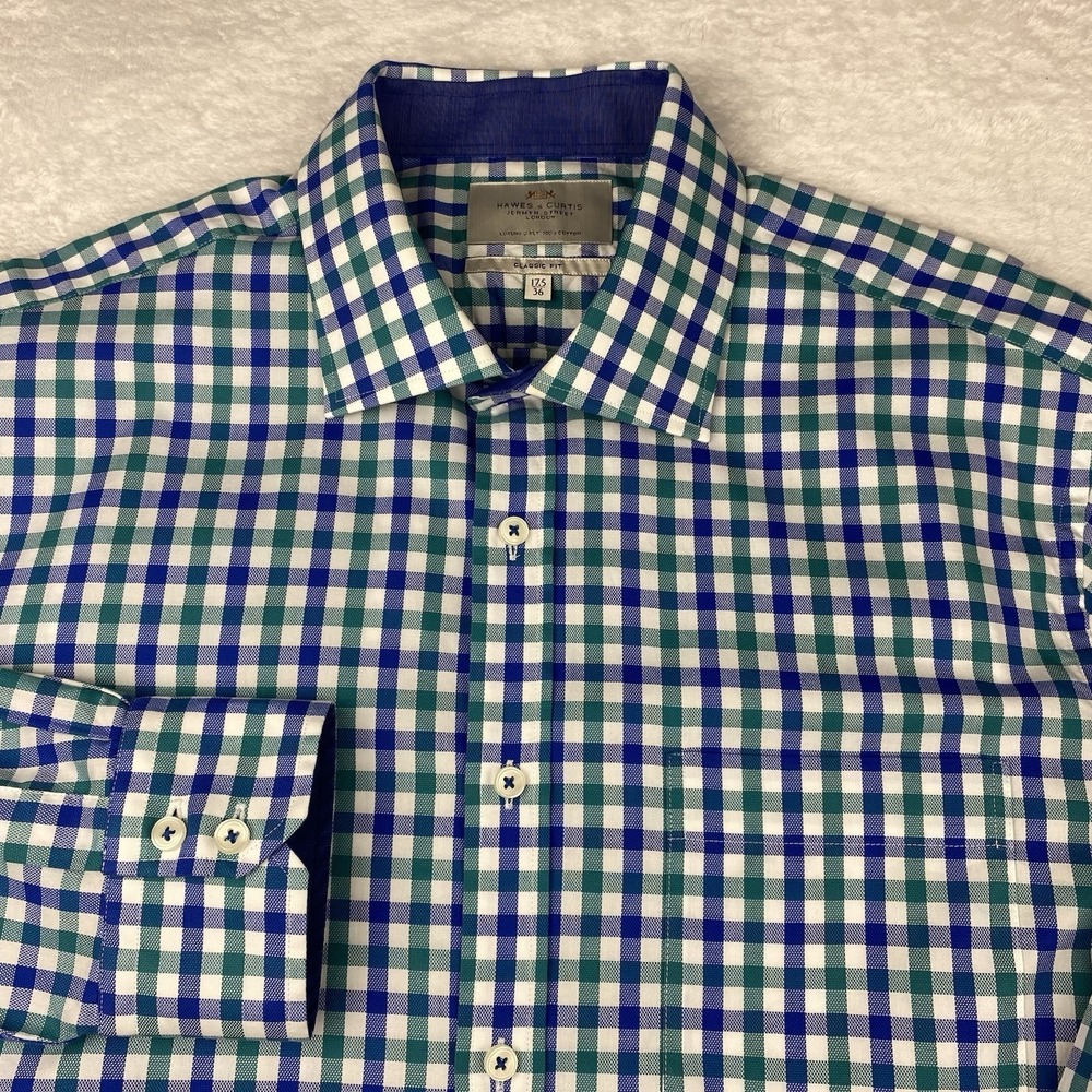 Hawes‎ & Curtis Dress Shirt Mens 17.5-36 Teal/Blue Checks Classic Fit Flip Cuffs